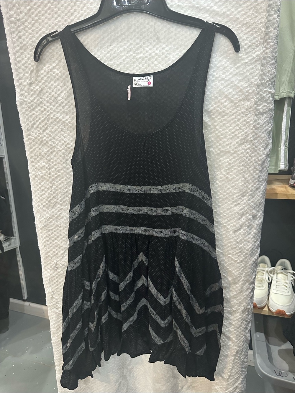 Free People Black Tank Top with Gray Chevron Stripes xs oversized thin linen